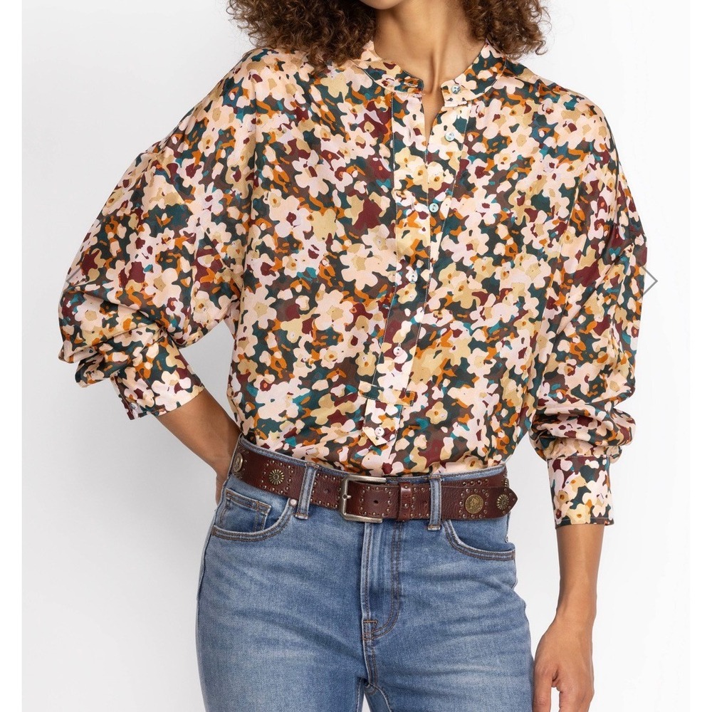 Calme Johnny Was Womens 100% Silk Floral Half Placket Button Blouse Top Size M